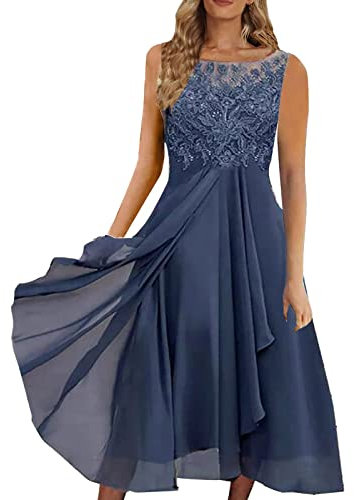 FNKDOR Robe de Soirée Femme Élégant Robe De Cocktail en Dentelle Mousseline Col V Manche Courte Demoiselle Honneur pour Fête Cérémonie Chic Asymétrique Anniversaire Bal Mariage Robe(D Bleu,S)
