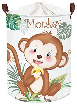 Clastyle 45L Niedlich Brauner Affe Grün Blätter Baby Wäschekorb Safari Tiere Rund Spielzeug Kleidung Aufbewahrungskorb für Kinderzimmer, 36x45 cm