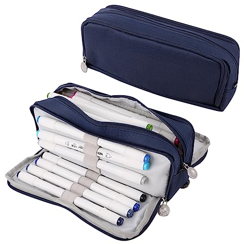 Oyachic 3 Fächer Mädchen Pencil Case Große Kapazität Federmäppchen Etui Stifte Schreibwaren Schreibtisch Organizer für Büro Frauen (Dunkelblau)