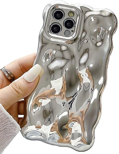 JANDM Schutzhülle für iPhone 15 Pro, 3D-Wellen-Blasen-Form, geriffelt, Chrommuster, weich, vergilbungsfrei, Glitzer, glänzend, Kamera, stoßfest, für Damen und Mädchen, Silber