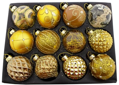 Annastore 12 x Weihnachtskugeln aus Glas hochwertig Ø 8 cm - Gold | Christbaumkugeln Vintage - Baumkugeln Glas Vintage - Weihnachtsbaumkugeln hochwertig Glas