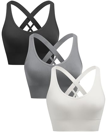 ANGOOL Sport BH Damen ohne Bügel Push Up BH Starker Halt Sport Bustier Damen Gepolstert Crossback Seamless Yoga Joggen Gym Sports Bra, Schwarz+Grau+Weiß, XL