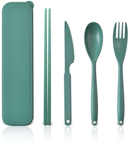 IDISON Large Travel Cutlery Set with Case, Reusable Plastic Cutlery for Adults Lunch Accessories, Portable Camping Travel Utensil with Chopsticks for Daily Use (Green)