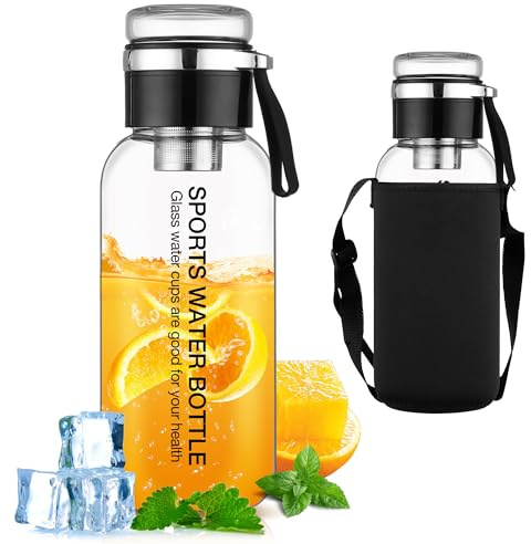 Bouilloire en verre de 1 l/1 litre avec couvercle en verre filtrant en acier inoxydable - Pour carafe, peut être utilisée comme gobelet à eau et gobelet (1200 ml)