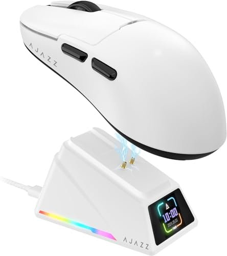 A.JAZZ AJ159APEX 8Khz Wireless Gaming Mouse Ultralight 56g with Magnetic Screen Charging Dock 42000DPI PAW3950 Sensor Tri Mode BT/2.4Ghz/Type-c Wired Programmable for Esport FPS PC Mac Gamer(White)
