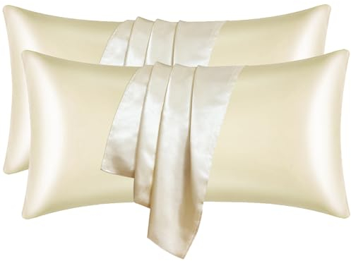 UQQU 2er Set Satin Kissenbezug für Haar und Haut, 40 x 80cm Kissenbezüge, Standardgröße, Superweicher Kissenbezug, Bessere Pflege als SeidenKissenbezug(Beige)