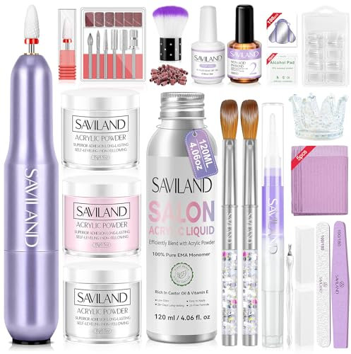 Saviland Plus Complete Nails Kit: Acrylic Set with Drill, Low Odor, Keratin Infused Powder & Castor Oil Liquid, DIY Nail Art
