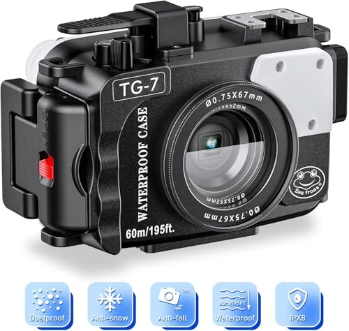 Seafrogs 60m/195ft Underwater Camera Housing for Olympus TG-7 – Waterproof Case with 52mm & 67mm Thread, Dual Fiber Optic Ports, Leak Detection, Stainless Steel Mounting Plate(TG-7 Bk CN)