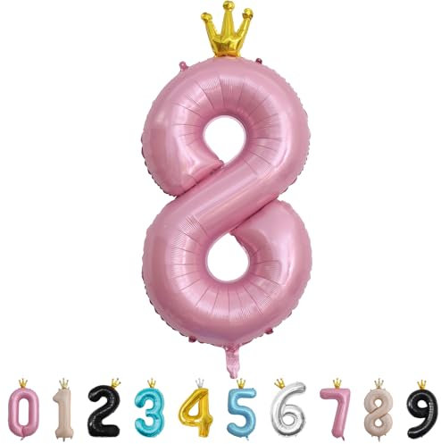 Grand ballon d'anniversaire en forme de chiffre 8 avec couronne - Auto-gonflant - Ballons numériques 0/1/2/3/4/5/6/7/8/9 - Fournitures de décoration de fête d'anniversaire - 101,6 cm - Rose