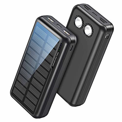 Banco de energía Solar 30000mAh, Paquete de batería de Respaldo Externo Carga rápida con Linterna LED para teléfono Inteligente, Tableta, Senderismo, Campamento, Negro, 30000mAh