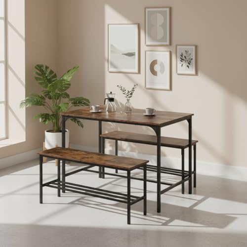 FurnitureR Ractangular Dining Table with 2 Benches, 3 Piece Set, Kitchen Table of 70 x 110 x 74 cm,2 Benches with Storage Shelf 30x100x45cm,Steel Frame, Industrial Design, Rustic Brown and Black