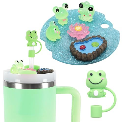 LEISENOR Name Plate for Stanley Cup Lid Accessories, Cute Frog Pond Luminous Charms with Silicone Straw Cover Cap for Stanley Tumblers 40oz