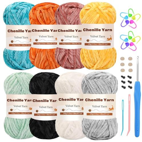 UzecPk Confezione da 8 gomitoli di filato di ciniglia grossa, 675 metri, spessore 6 mm, morbido filato vellutato con uncinetto all'uncinetto, lavori a maglia fai da te, realizzazione di coperte,