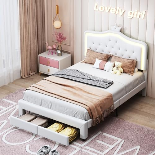 BPKADHY Kinderbett Polsterbett 140x200 cm,Kinderbett Mädchen Bett mit Verstellbarem LED-Kopfteil und 2 Schubladen,Kronen-Doppelbettgestell Bettgestell Jugendbett PU-Leder mit Lattenrost,Weiß