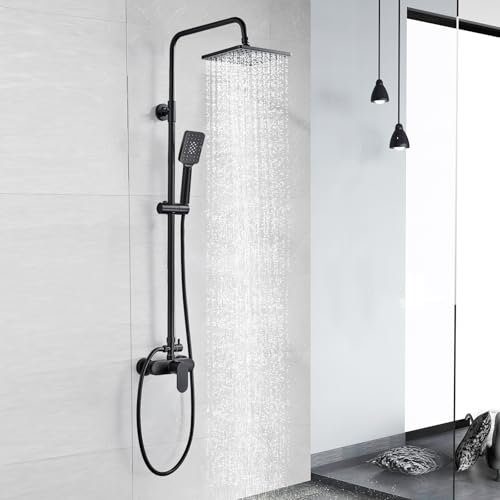 Namuoto Colonne de Douche Noir avec Mitigeur Monocommande, Ensemble de Douche avec Douchette, Pommeau de Douche, Barre de Douche Allongée (Hauteur Réglable 80-147cm)