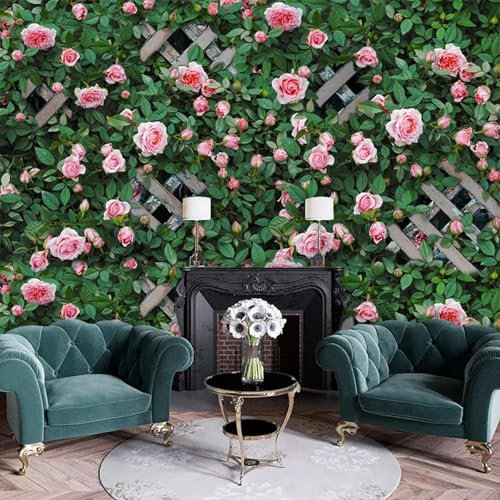 YYZOVBNN 3D-Hintergrund mit Rosen, grünen Pflanzen, TV, Holzgitter, ländliche Landschaft, Hintergrund, Dekoration, Wandgemälde, Milchteeladen, Restaurant, Tapete (abziehen und aufkleben)