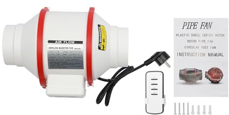 Xigner Rohrventilator Gebläse 100mm Regelbar motor Abluftventilator 310m ³/h, Belüftung und Abluftgebläse, mit EU-Stecker und Fernbedienungen, für Bad, WC, Küche, Gewächshaus, Zelt, Garage (Weiß)