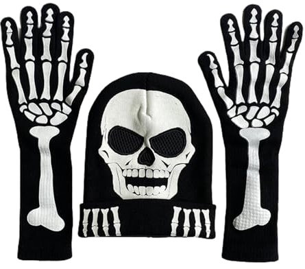 Zkydhbd Hut, Halloween-Skelett-Klauen-Handschuhe, leuchten im Dunkeln, Kostüm-Handschuhe, Totenkopf-Hut, Party-Requisiten, Handwärmer, Langer Knochenhandschuh, 5