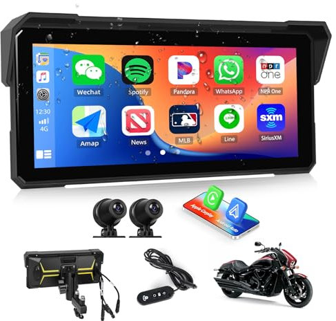 CAMECHO Motorrad CarPlay mit Dual-Kameras, 8.1 zoll HD Touchscreen für Moto mit Wireless CarPlay & Android Auto IPS 68 Bildschirm, Unterstützung Bluetooth, GPS, EQ, Helligkeitseinstellung