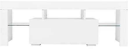 Bonnlo Meuble TV avec LED, Banc TV, Noire, Meuble TV avec Rangement, Meuble télé pour Salon, Chambre, 130 x 35 x 45cm (Blanc)