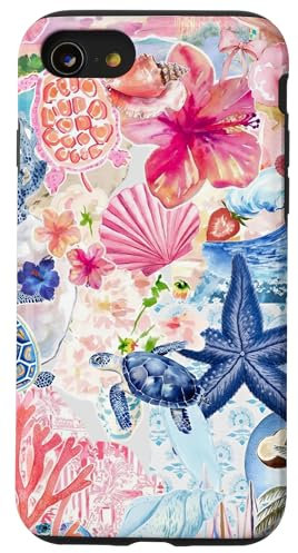 European Summer Preppy Collage Hibiscus And Turtle Case for iPhone SE (2020) / 7 / 8