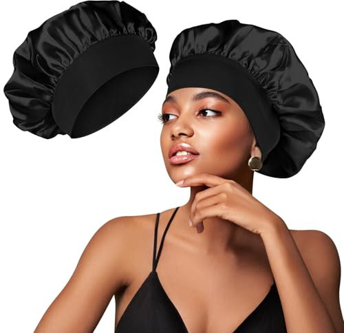Oumida Bonnet Satin Cheveux Nuit, Bonnet Satin en Soie Souple et Éllastiquepour pour Femmes Cheveux Longs Cheveux Bouclés, Noir
