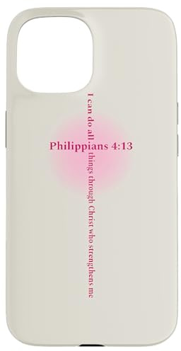 Christlicher Bibelvers minimalistisches rosa Kreuz auf Beige Hülle für iPhone 15