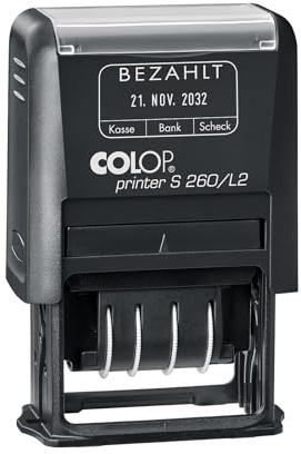 COLOP Datumstempel Printer S 260/L2 mit Text BEZAHLT, Sprache: Deutsch, Abdruckfarbe: blau/rot, Jahresband für 12 Jahre