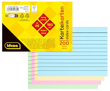 Idena 11384 - Karteikarten A6, 200 Stück liniert, Lernkarten aus 180 g/m² FSC-Mix Papier in 4 Farben, für Schule und Büro