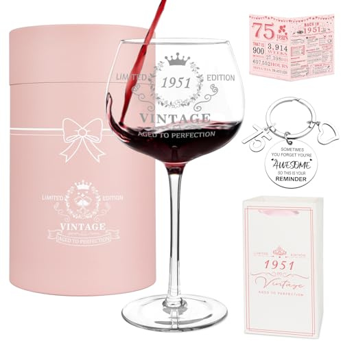 75th Birthday Gifts for Women, Vintage 1951 Platinum Print Wine Glass | Happy 75 Year Old Gift Ideas: 16Oz Wine Glass, Greeting Card, Keychain, 75th Birthday Decorations for Her, Wife, Friends