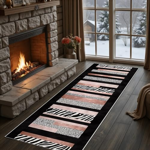 Meugesoi Leopardenmuster Zebra-Print Teppich Läufer 60x120 cm Wildlife Tierhaut Druck Carpet rutschfest Waschbar Bettumrandung Schlafzimmer, Streifen Teppichläufer für Küche Flur Eingangsbereich