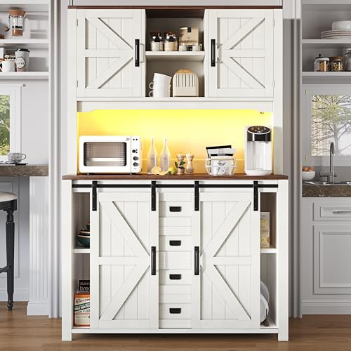 A ALFRESCOOL Hochschrank, Buffetschrank, Küchenschrank, Standvitrine mit Schubladen, Sideboards mit Schiebetüren & LED-Beleuchtung, für Küchen Wohnzimmer Bar, 115×40×174.7cm (Weiß)