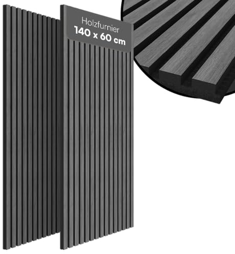 Bellamio Kilwa Akustikpaneele 140x60 cm, 2er-Set, Holzoptik Dunkelgrau, 3D | Wandpaneele, Wandverkleidung, Akustik Holzpaneele als Schallabsorber, Lamellenwand für Innen, Wall Panel mit Schallschutz