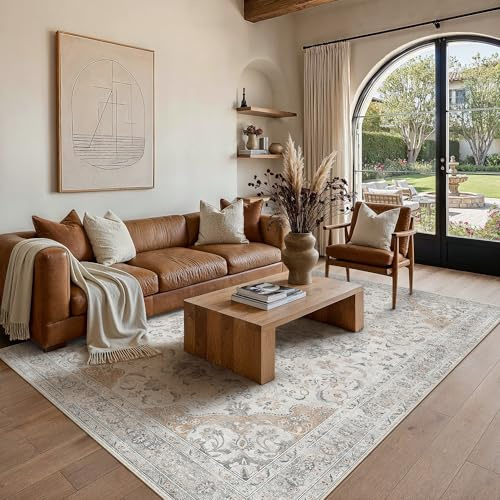 PureCozy Waschbarer Beige Teppich Wohnzimmer 140x200cm Vintage Tepiche for Living Room kurzflor rutschfest Weich Retro Orientalischer Carpet für Schlafzimmer Büro Esszimmer Bedroom