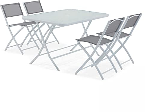 Oviala - Mesa de jardín y 4 sillas plegables de acero y cristal, color gris