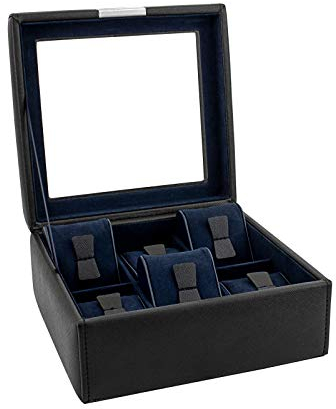 Friedrich23 Uhrenkoffer – Uhrenkasten Cross Grain mit Glasdeckel in schwarz – Platz für 6 Uhren – Feinsynthetik