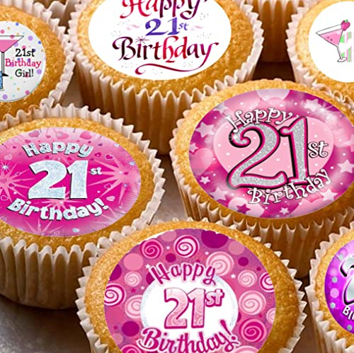 24 edible 21st birthday female pink party decorations Cupcake Cake Toppers Wafer Rice Paper and precut