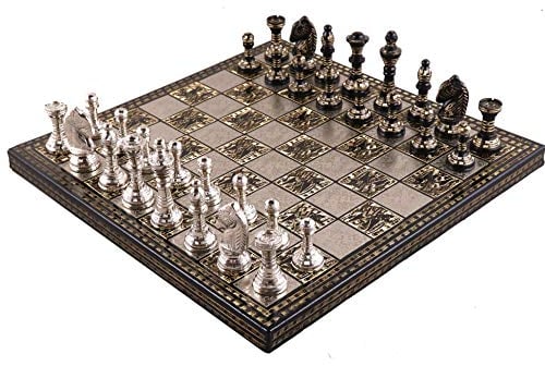 RoyalChessMall - Staunton inspiriert Messing Metall Luxus Schachfiguren & Brett Set-12 -Silber & Schwarz
