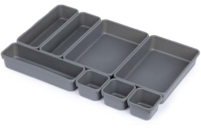 LIVIVO 8pc Interlocking Drawer Organiser and Dividers Plastic Desk and Drawer Trays Ideal for Separating Make-Up, Clothing, Jewellery and Uncluttered Storage (Grey)