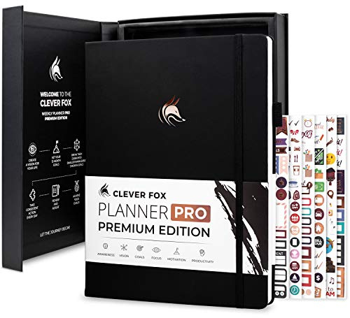 Clever Fox Planner PRO Premium Edition - Luxuriöser Wochen- und Monatsplaner + Budgetplaner für Produktivität und Zielerreichung, undatiert, Aufbewahrungsbox, reicht für 1 Jahr, Schwarz