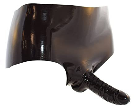 Rubberfashion Latex Slip mit Penishülle - kurze extra dicke Rubber Pants und Anal Kondom - Latexhose für Herren schwarz 0.8mm XL