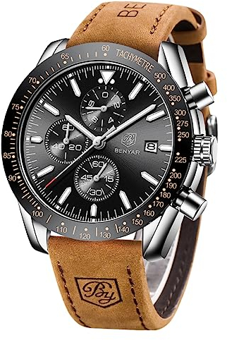 BY BENYAR Herren Business Analoger Chronograph Quarzuhr 30M Wasserdicht Leuchtende Datumsanzeige Modische Freizeituhr Sport Multifunktions Lederuhr.(Silber Schwarz)
