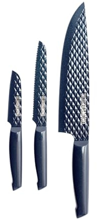 Blue Diamond Sharp Stone Coutellerie Anti-Adhésive en Acier Inoxydable, Set de 3 Couteaux, 20cm Chef, 13cm Dentelé, 9cm d'Appairage, Anti-Rouille, Lame à Texture Diamantée, Couteau Japonais