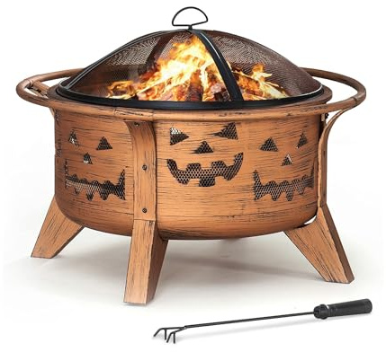 SUNJOY 76 cm Feuerstelle Outdoor Holzfeuerstelle Terrasse Jack-o-Lantern Motiv Runde Stahl Große Feuerstellen für Draußen mit Funkenschutz und Schürhaken