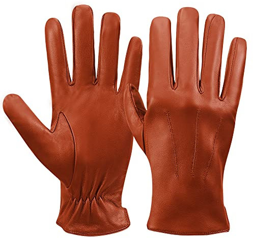 MGGMOKAY Herren Lederhandschuhe Touchscreen Kaschmir gefüttert,Rötlich-braun,L