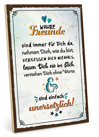 TypeStoff Holzschild mit Spruch – Wahre Freunde – im Vintage-Look mit Zitat als Geschenk und Dekoration zum Thema Freundschaft - HS-01210