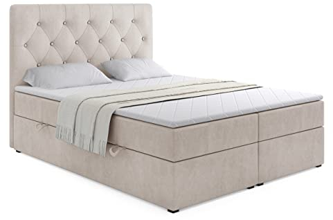 ALTDECOR Boxspringbett mit H3-Matratze (20 cm hoch) mit Bonellfederung + PUR, Topper (5 cm hoch), Polsterbett mit Kopfteil und Bettkasten Beige M.V 2201 160x200