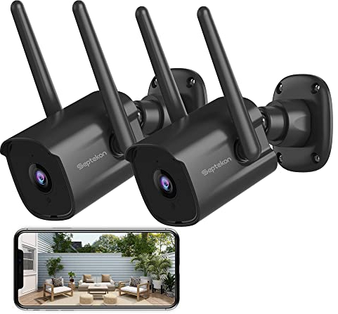 Septekon Überwachungskamera Aussen CCTV Kamera Kabellos 2 Pack,2K Dual Antenne WiFi Home Überwachungskameras mit IP66 Wasserdicht, Nachtsicht, AI Bewegungserkennung, 2-Wege-Audio, Schwarz