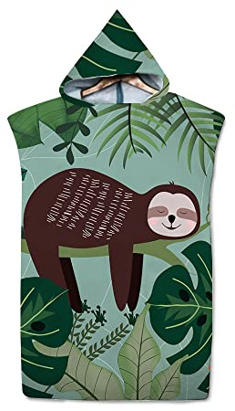 FANSU Surf Poncho Mikrofaser Umziehhilfe Strand Badeponcho Handtuch Poncho Schwimmen Bademantel für Erwachsene Herren und Damen Strandtuch Handtuch mit Kapuzen (Faultier 1,65x75cm)