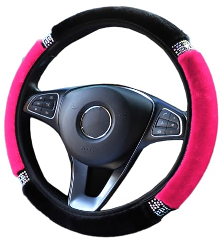 Universal Auto Lenkradbezug Glitzer Bling Plüsch Lenkradhülle,Warm Winter-Schutz rutschfest Teleskop Lenkrad Abdeckung Rhinestones Auto-Dekorzubehör Lenkradabdeckung Lenkradschoner für Damen,Rose